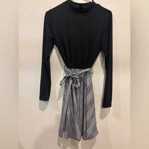 Black & White Plaid Tie-Waist Long Sleeve Dress